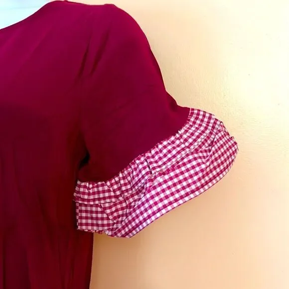 Les Anis Gingham Ruffle Sleeve Burgundy Tshirt Sz S - Picture 2 of 4